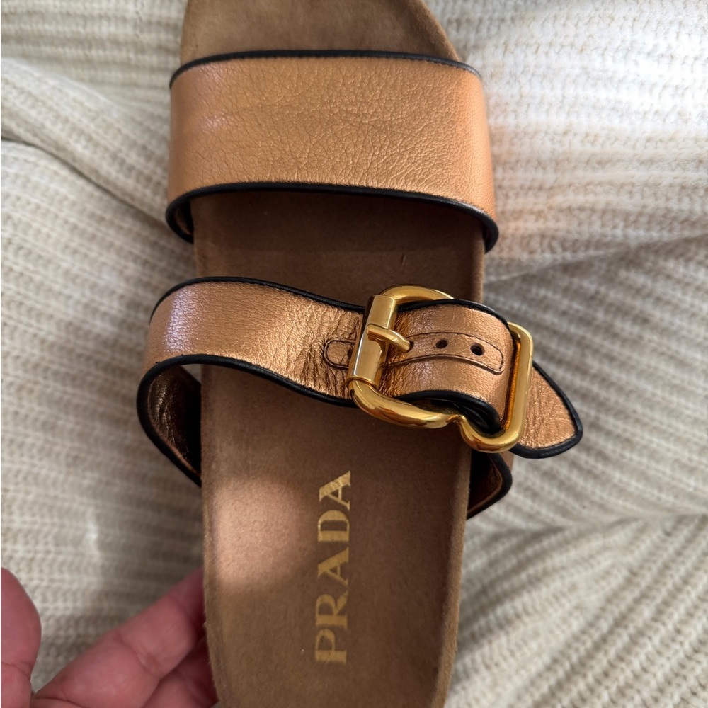 Prada Gold-Tan Leather Slide with Buckle - FLATS SLIDES